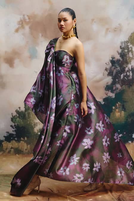 ZiP by Payal & Zinal_Multi Color Silk One Shoulder Moss Floral Pattern Dress _Online_at_Aza_Fashions