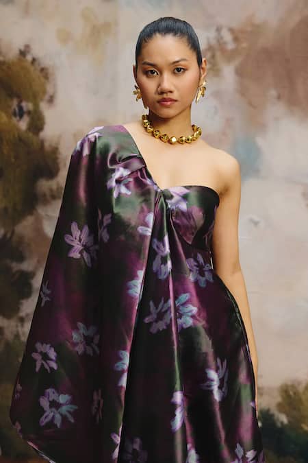 Buy_ZiP by Payal & Zinal_Multi Color Silk One Shoulder Moss Floral Pattern Dress _Online_at_Aza_Fashions