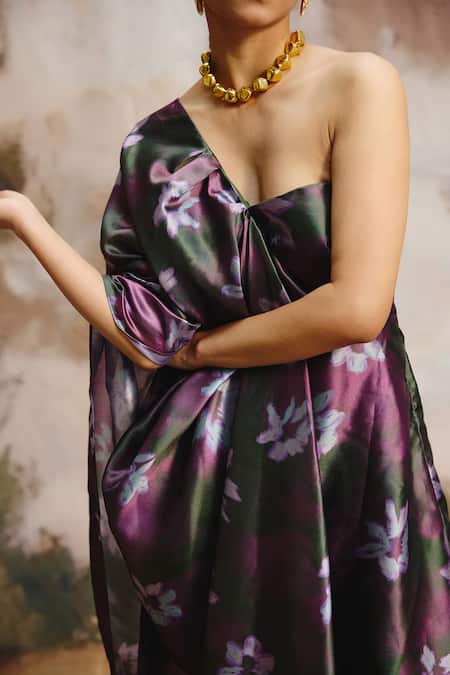 Shop_ZiP by Payal & Zinal_Multi Color Silk One Shoulder Moss Floral Pattern Dress _Online_at_Aza_Fashions