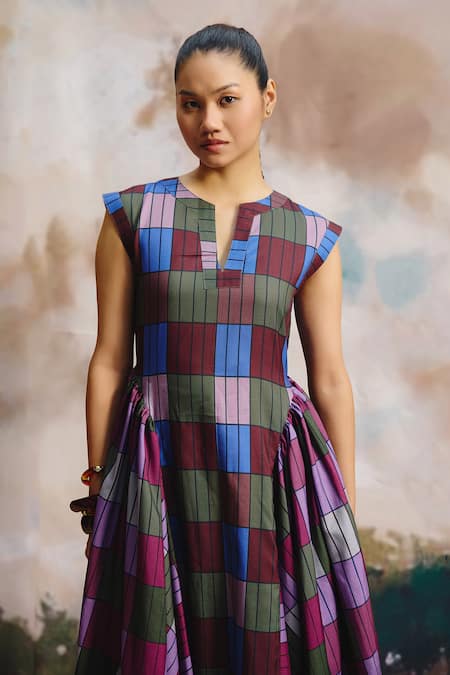 ZiP by Payal & Zinal Multi Color Linen Split V-neck Savanna Checkered Dress Online at Aza Fashions ZiP by Payal & Zinal_Multi Color Linen Split V-neck Savanna Checkered Dress _Online_at_Aza_Fashions