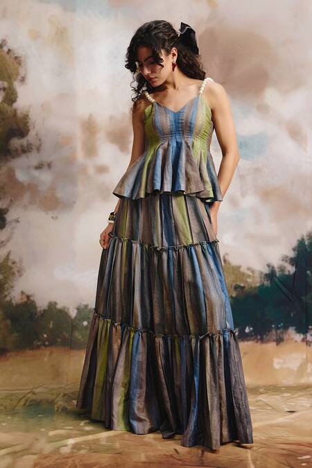 ZiP by Payal & Zinal_Multi Color Cotton Serene Striped Tiered Skirt _Online_at_Aza_Fashions