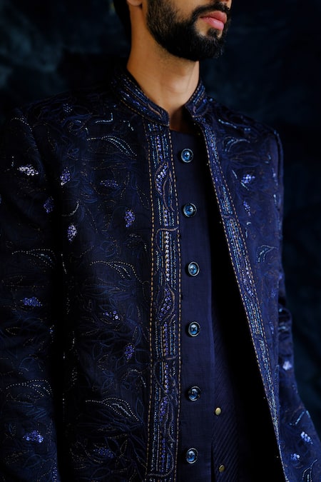 Jatin Malik_Blue Linen, Silk Pearls, Embroidery, Zari Midnight Bandhgala Bling Set _Online_at_Aza_Fashions