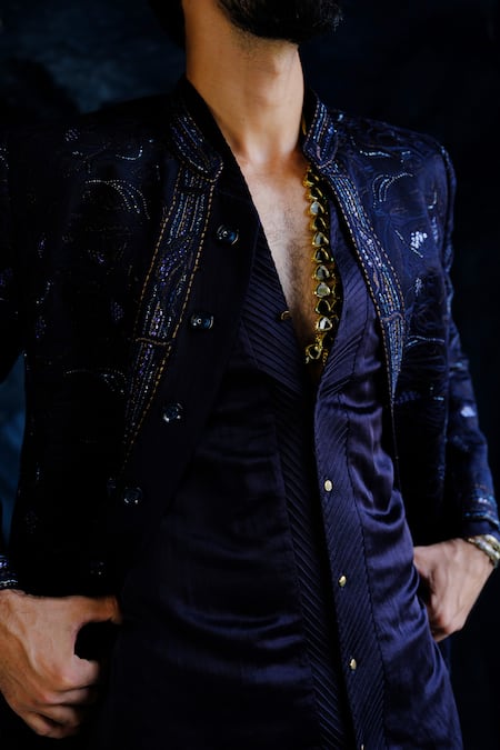 Buy_Jatin Malik_Blue Linen, Silk Pearls, Embroidery, Zari Midnight Bandhgala Bling Set _Online_at_Aza_Fashions