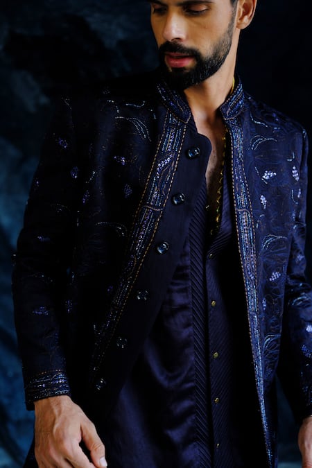 Shop_Jatin Malik_Blue Linen, Silk Pearls, Embroidery, Zari Midnight Bandhgala Bling Set _Online_at_Aza_Fashions