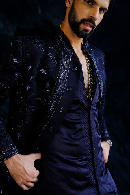 Jatin Malik_Blue Linen, Silk Pearls, Embroidery, Zari Midnight Bandhgala Bling Set _at_Aza_Fashions