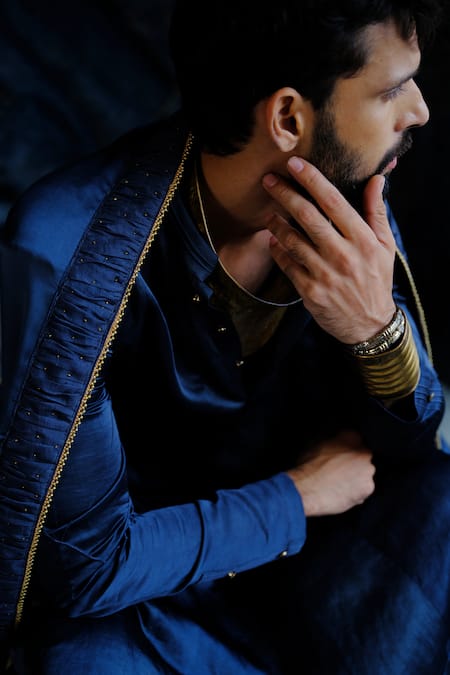 Jatin Malik_Blue Linen, Silk Charcoal Kurta Set _Online_at_Aza_Fashions