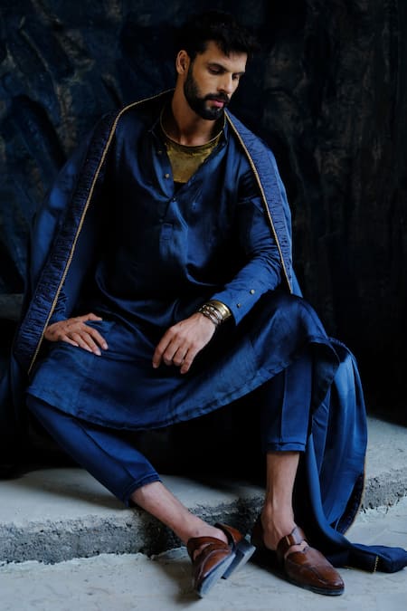 Buy_Jatin Malik_Blue Linen, Silk Charcoal Kurta Set 