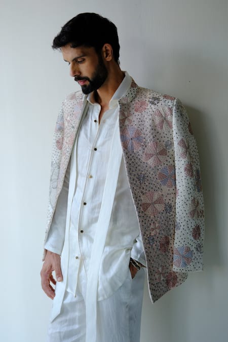 Shop_Jatin Malik_Ivory Linen, Silk Piping, Embroidery, Blush Pink Divine Short Jacket And Kurta Set _Online_at_Aza_Fashions