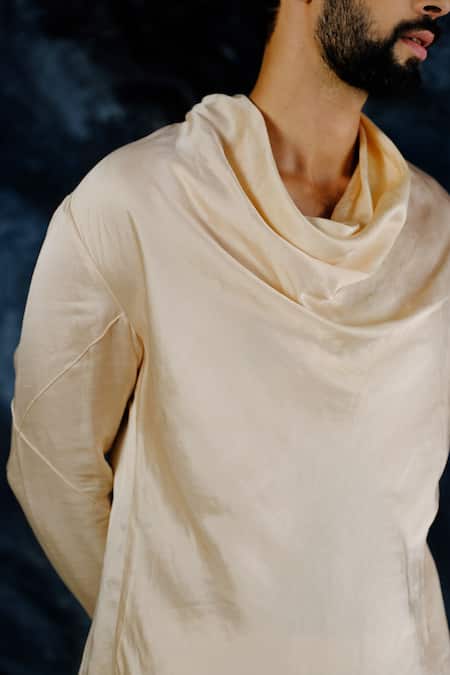 Jatin Malik_Ivory Linen, Silk Buttercream Cowl Shirt Kurta Set _Online_at_Aza_Fashions