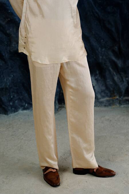 Buy_Jatin Malik_Ivory Linen, Silk Buttercream Cowl Shirt Kurta Set _Online_at_Aza_Fashions