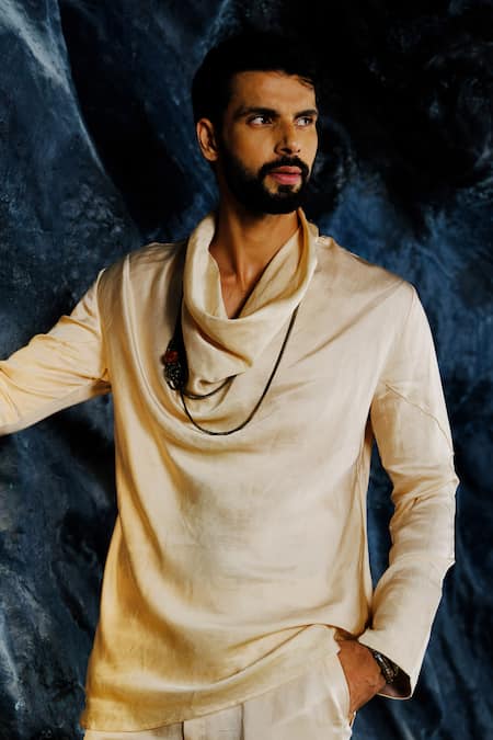 Shop_Jatin Malik_Ivory Linen, Silk Buttercream Cowl Shirt Kurta Set _Online_at_Aza_Fashions