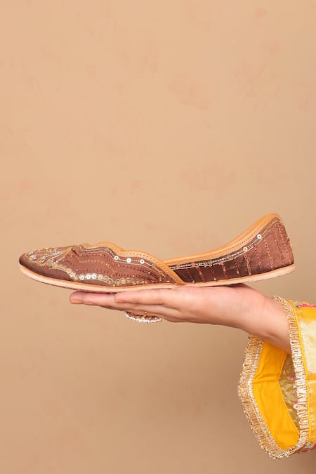 House Of Vitti India_Brown Peacock Zardozi Embroidered Juttis _Online_at_Aza_Fashions