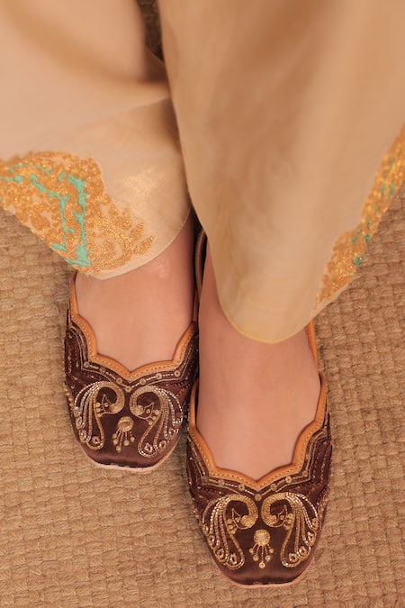 House Of Vitti India_Brown Peacock Zardozi Embroidered Juttis _at_Aza_Fashions