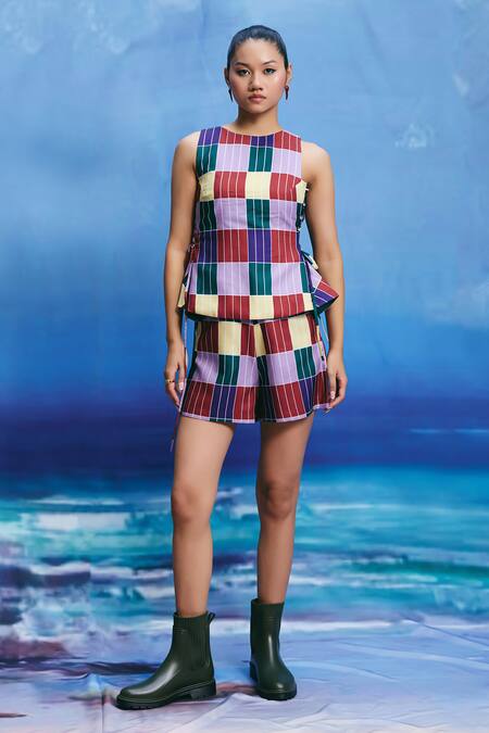 Buy_ZiP by Payal & Zinal_Multi Color Linen Round Neck Echo Checkered Top And Shorts Co-ord Set _Online_at_Aza_Fashions