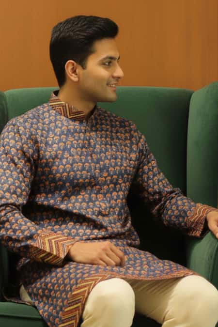 Char Chaand_Blue Linen, Silk Embroidery Ikat Heritage Kurta _Online_at_Aza_Fashions