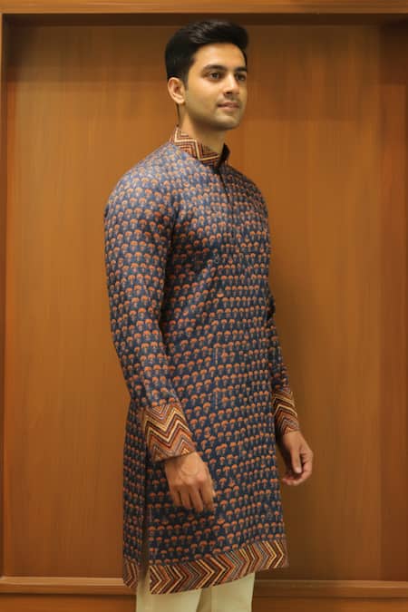 Shop_Char Chaand_Blue Linen, Silk Embroidery Ikat Heritage Kurta _Online_at_Aza_Fashions