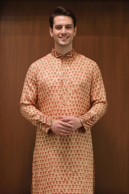 Buy_Char Chaand_Beige Linen, Silk Ikat Classic Kurta _Online_at_Aza_Fashions