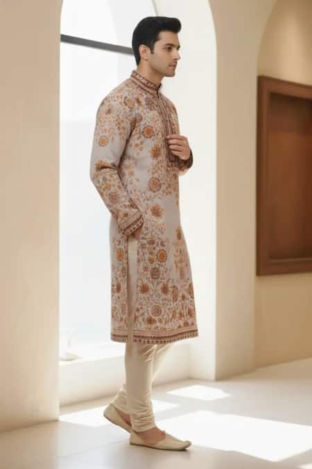 Char Chaand_Grey Linen, Silk Floral Regal Kurta _Online_at_Aza_Fashions