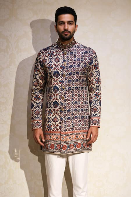 Char Chaand Multi Color Linen, Silk Indigo Ajrakh Mosaic Kurta Online at Aza Fashions Char Chaand_Multi Color Linen, Silk Indigo Ajrakh Mosaic Kurta _Online_at_Aza_Fashions
