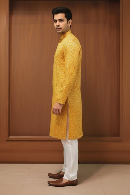 Char Chaand_Mustard Linen, Silk Geometric Motif Kurta _Online_at_Aza_Fashions