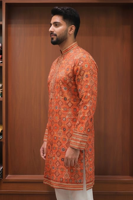 Char Chaand_Orange Linen, Silk Foil Printing Printed Classic Kurta _Online_at_Aza_Fashions