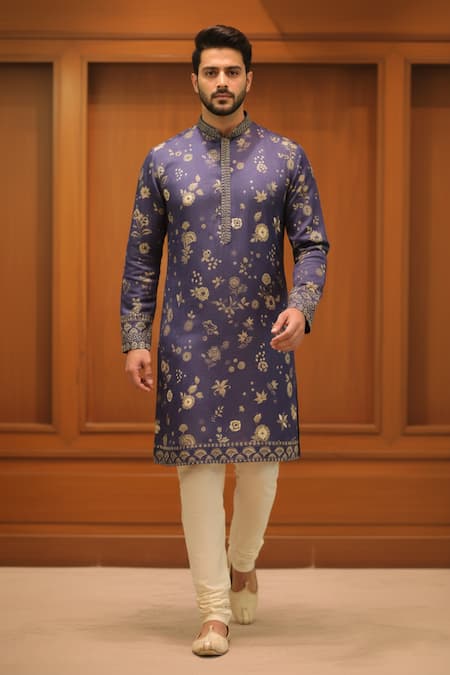 Char Chaand Blue Linen, Silk Embroidery Floral Heritage Kurta Online at Aza Fashions Char Chaand_Blue Linen, Silk Embroidery Floral Heritage Kurta _Online_at_Aza_Fashions