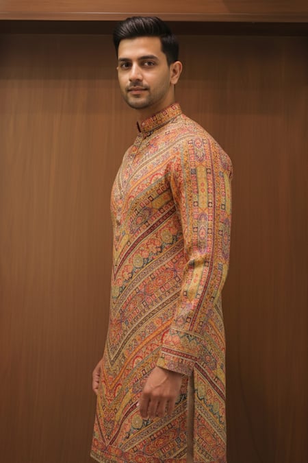 Char Chaand_Multi Color Linen, Silk Heritage Chevron Tapestry Kurta _Online_at_Aza_Fashions