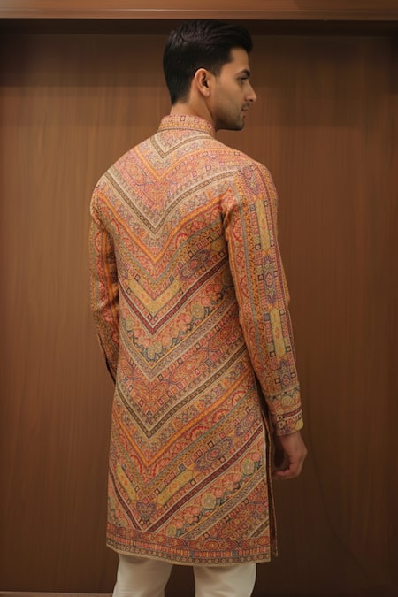 Buy_Char Chaand_Multi Color Linen, Silk Heritage Chevron Tapestry Kurta _Online_at_Aza_Fashions