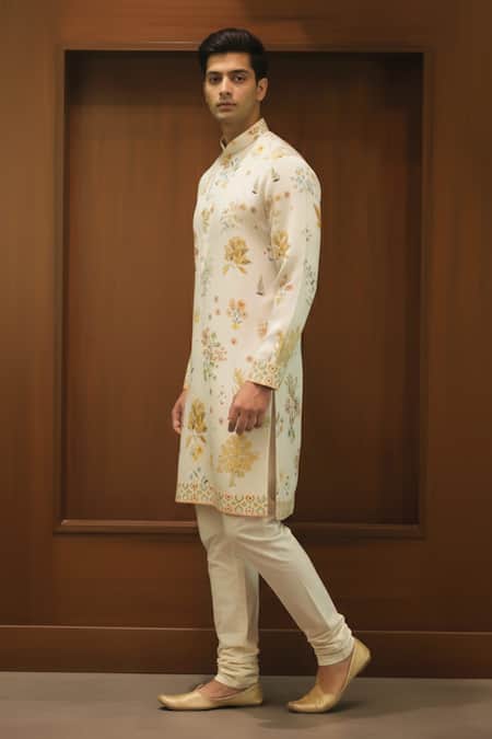 Char Chaand_Ivory Linen, Silk Botanical Garden Kurta _Online_at_Aza_Fashions