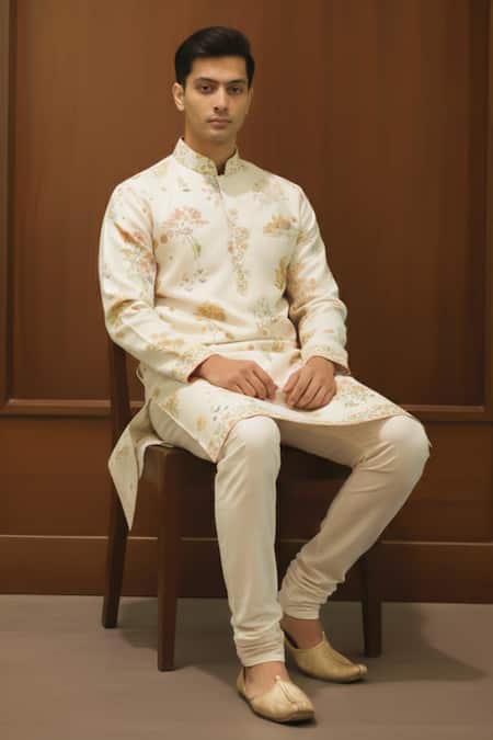 Buy_Char Chaand_Ivory Linen, Silk Botanical Garden Kurta _Online_at_Aza_Fashions