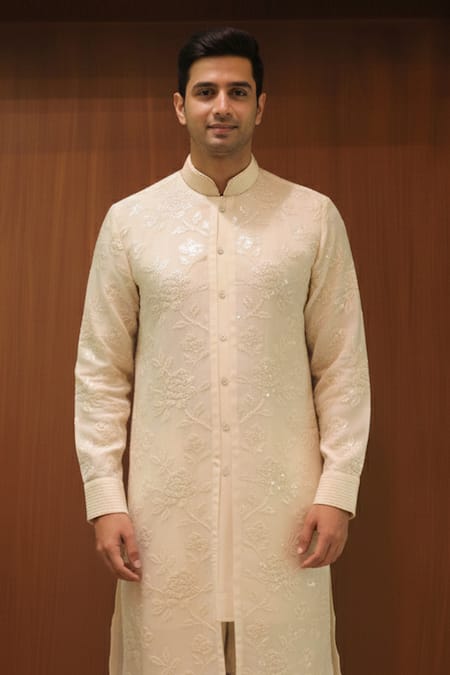 Char Chaand_Ivory Organza Embroidery, Sequins Kurta Set _at_Aza_Fashions