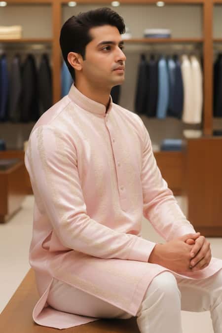 Buy_Char Chaand_Pink Linen, Silk Embroidery Blush Kurta _Online_at_Aza_Fashions
