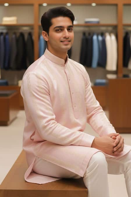 Shop_Char Chaand_Pink Linen, Silk Embroidery Blush Kurta _Online_at_Aza_Fashions