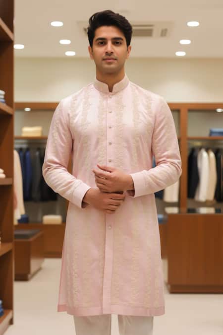 Char Chaand_Pink Linen, Silk Embroidery Blush Kurta _at_Aza_Fashions