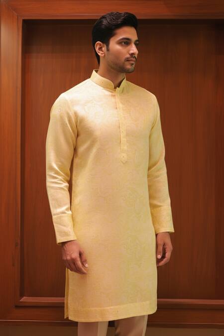 Char Chaand_Yellow Linen, Silk Lemon Kurta _Online_at_Aza_Fashions