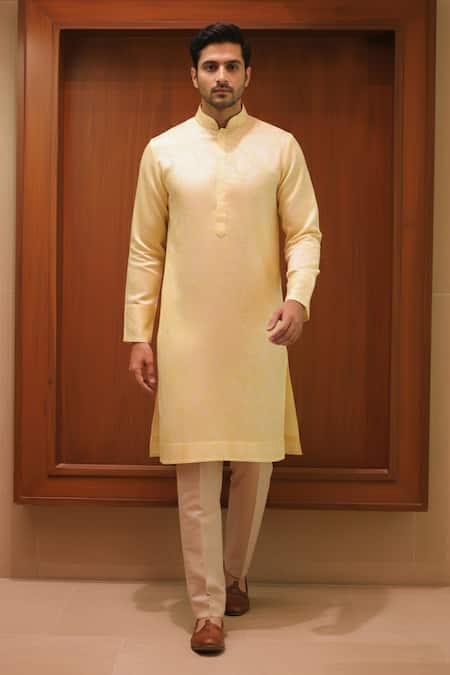 Buy_Char Chaand_Yellow Linen, Silk Lemon Kurta _Online_at_Aza_Fashions