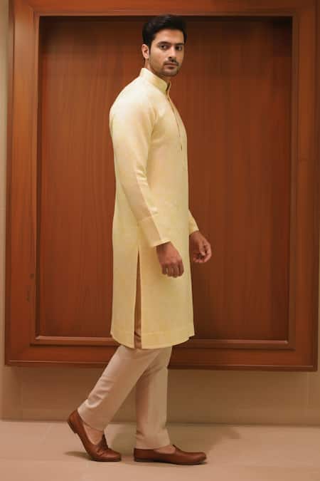 Shop_Char Chaand_Yellow Linen, Silk Lemon Kurta _Online_at_Aza_Fashions
