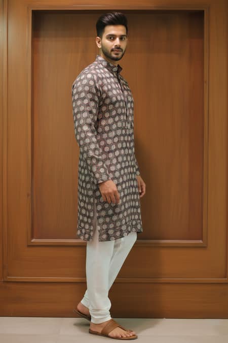 Buy_Char Chaand_Brown Linen, Silk Geometric Kurta _Online_at_Aza_Fashions