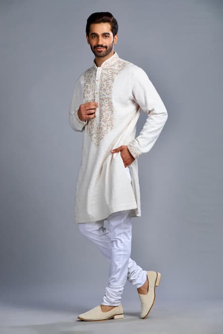 Shop_Char Chaand_Ivory Cotton Embroidery Kurta _Online_at_Aza_Fashions