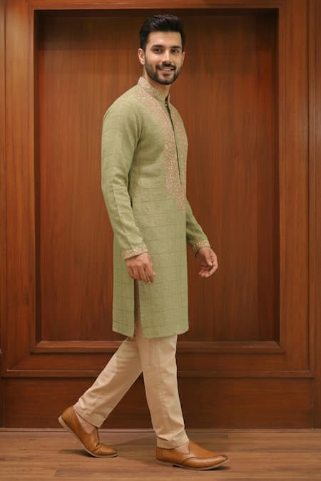 Buy_Char Chaand_Green Cotton Embroidery Placket Kurta _Online_at_Aza_Fashions