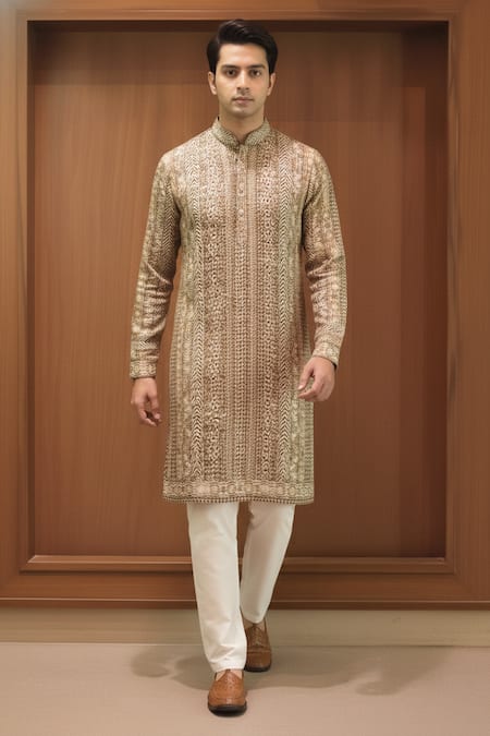 Char Chaand Gold Animal Print Linen Silk Kurta 