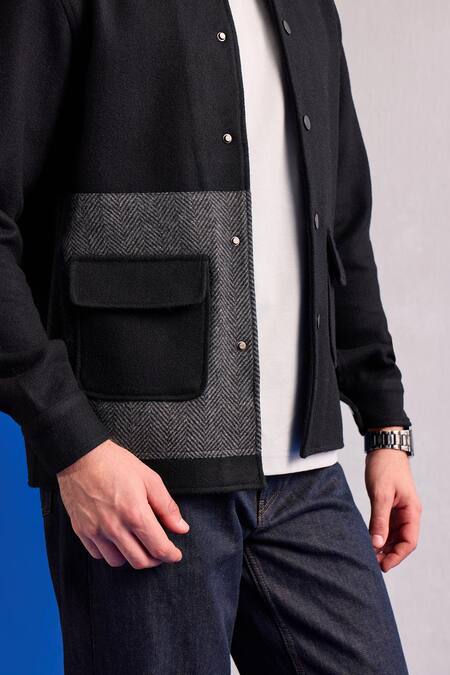 Zazu Black Wool Herringbone Textured Jacket Online at Aza Fashions Zazu_Black Wool Herringbone Textured Jacket _Online_at_Aza_Fashions