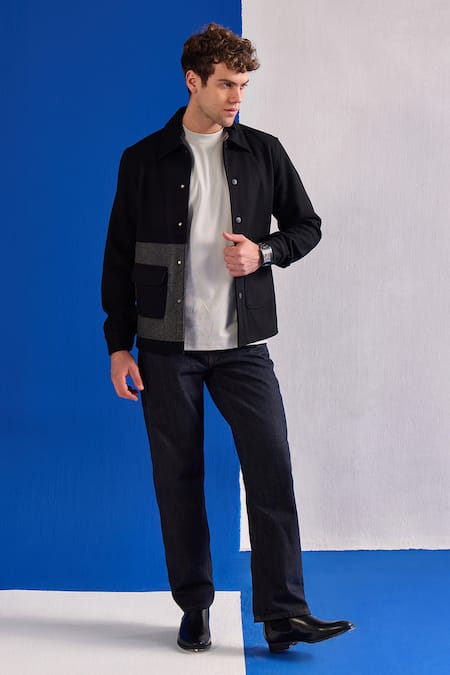 Buy Zazu Black Wool Herringbone Textured Jacket Online at Aza Fashions Buy_Zazu_Black Wool Herringbone Textured Jacket _Online_at_Aza_Fashions