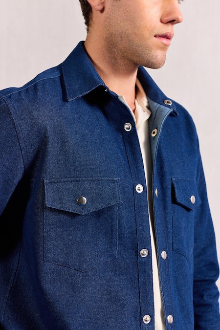 Buy_Zazu_Blue Denim Collared Jacket _Online_at_Aza_Fashions