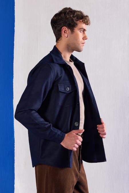 Buy_Zazu_Blue Suede Flap Pocket Jacket _Online_at_Aza_Fashions