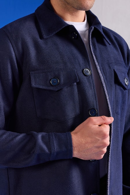 Shop_Zazu_Blue Suede Flap Pocket Jacket _Online_at_Aza_Fashions