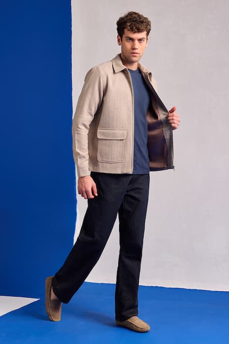 Buy Zazu Beige Wool Zip Front Jacket Online at Aza Fashions Buy_Zazu_Beige Wool Zip Front Jacket _Online_at_Aza_Fashions