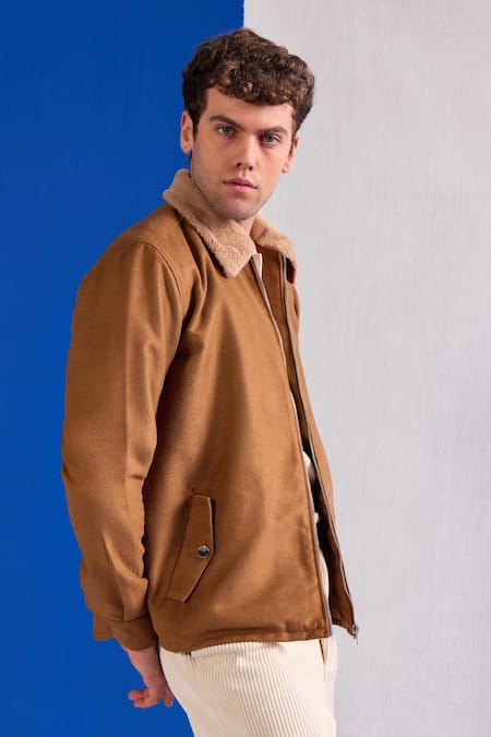 Buy_Zazu_Brown Suede Collared Jacket _Online_at_Aza_Fashions