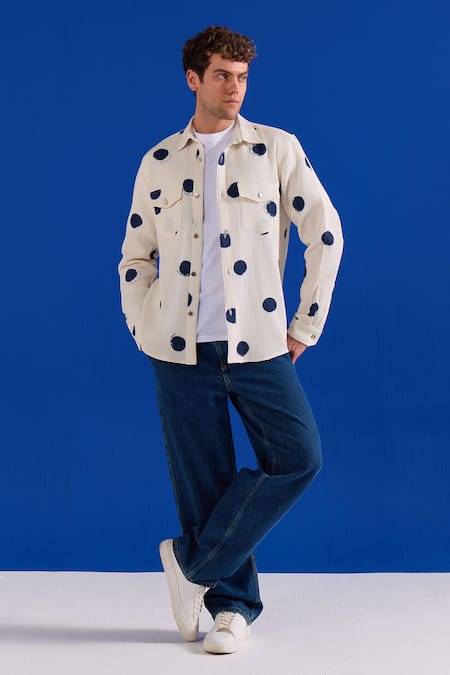 Buy_Zazu_Off White Cotton Polka Dot Waffle Overshirt _Online_at_Aza_Fashions