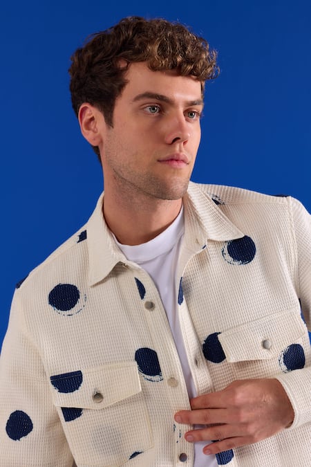 Shop_Zazu_Off White Cotton Polka Dot Waffle Overshirt _Online_at_Aza_Fashions